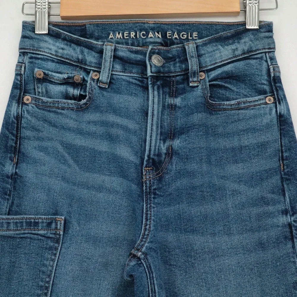 American Eagle Womens Sz 000 Reg High Waisted Cargo Jeans Medium Wash Y2K 90s